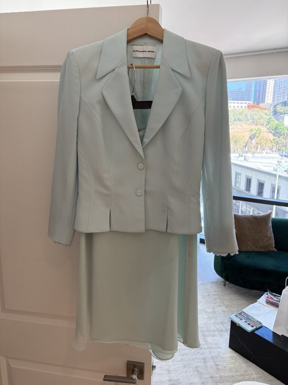 Thierry Mugler Vintage Ice Blue Skirt Suit Set Lace Cuffs S